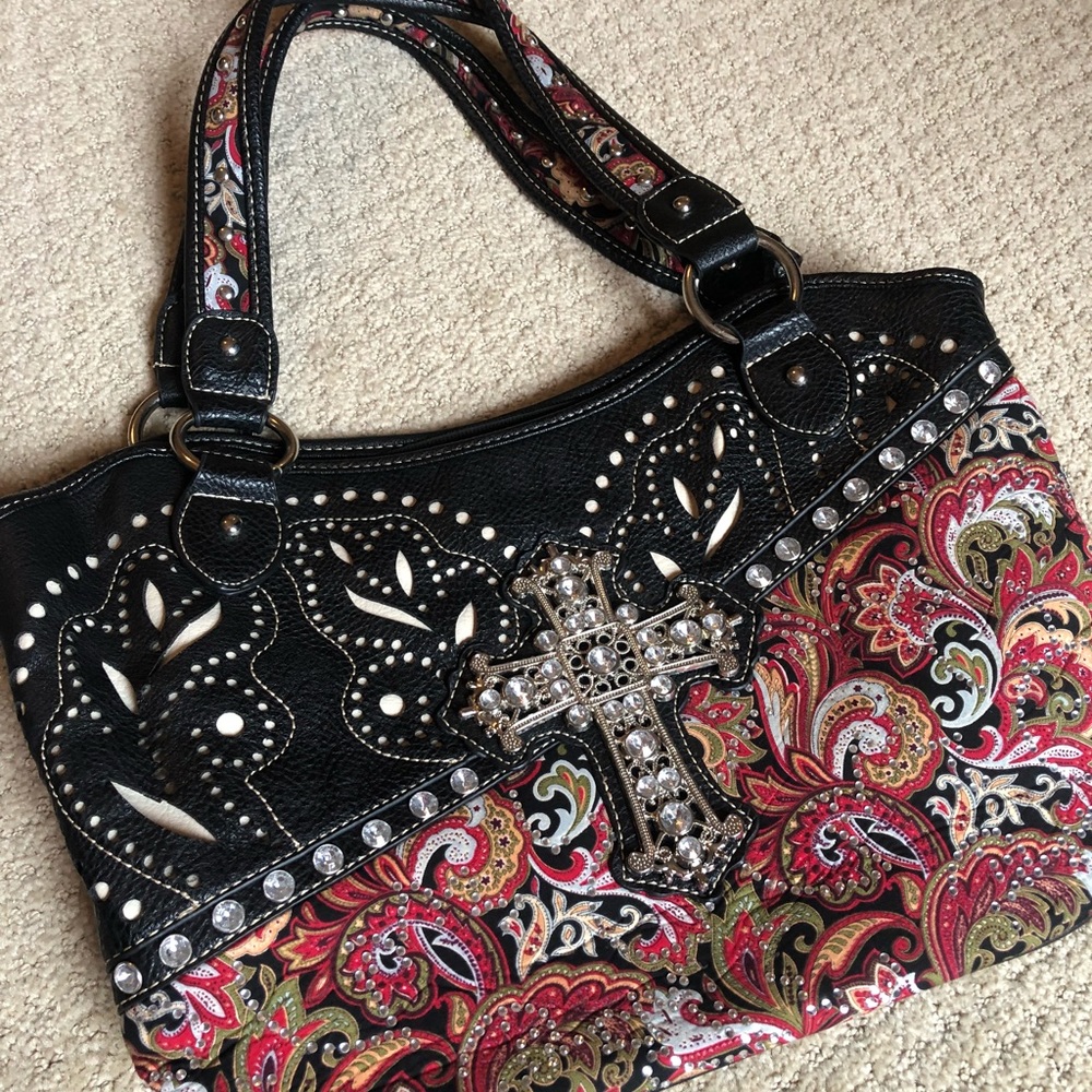 Multi color, fabric/ faux leather purse w/bling